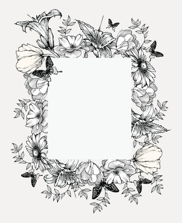 Black and white vector illustration. Vintage frame with flowers and butterflies.のイラスト素材
