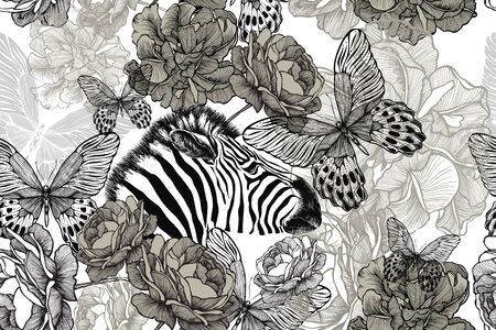 Zebra with flowers and butterflies. Seamless floral wallpaper. Hand drawing, vector illustration.のイラスト素材