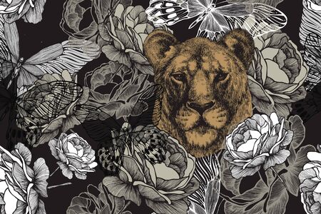 Lioness with roses and butterflies. Seamless floral wallpaper. Hand drawing, vector illustrationのイラスト素材