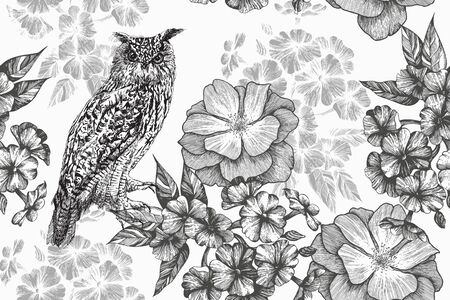 Sitting owl and seamless floral pattern with phlox and roses. Hand-drawn, vector illustration.のイラスト素材