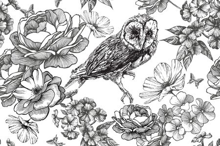 Bird owl and seamless floral background with roses and phloxes. Hand-drawn, vector illustration.のイラスト素材