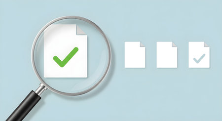 A magnifying glass focuses on a document displaying a green checkmark, symbolizing verification or approval. Other documents are visible in the background.の素材