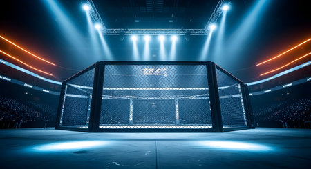 A dramatic, empty octagon cage is bathed in bright spotlights and stadium lighting, set for an intense fight.の素材