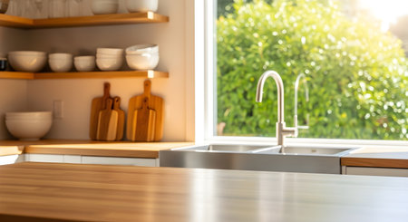 A modern kitchen sink and faucet bathed in sunlight, with a lush green outdoor view through the window.の素材