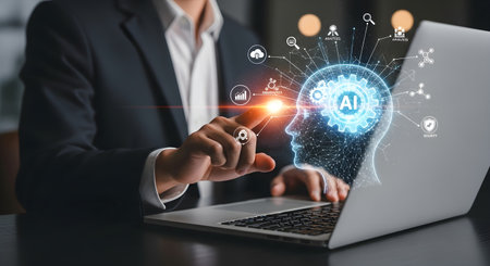 A person in a suit uses a laptop with a glowing AI brain interface, symbolizing digital transformation and innovation.の素材