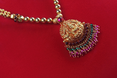 Indian Traditional Gold Necklace with Lakshmi Pendantの写真素材
