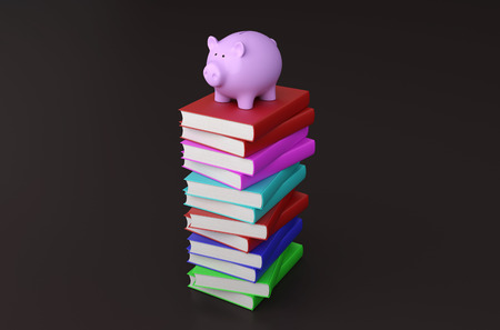 Books with Piggy Bank 3D Rendering Imageの写真素材