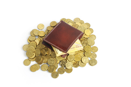 Wallet isolated white background with rupee and gold coinの写真素材