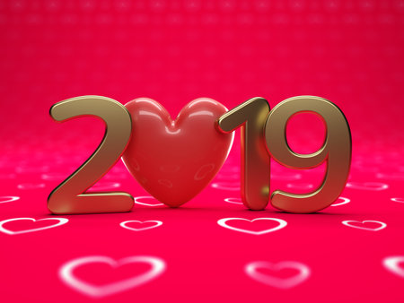 New Year 2019 with Heart Symbol - 3D Rendered Image