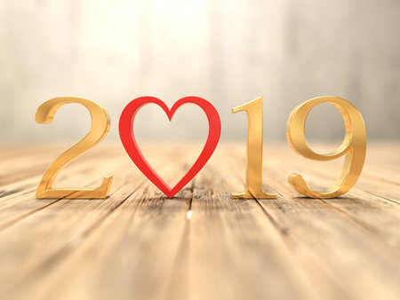 New Year 2019 Creative Design Concept with Heart Symbol - 3D Rendered Imageの写真素材