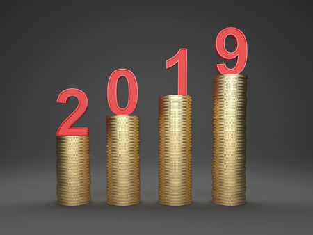 New Year 2019 Creative Design Concept with Gold Coins - 3D Rendered Imageの写真素材
