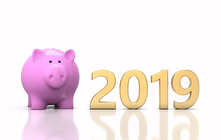 New Year 2019 Creative Design Concept with Piggy Bank - 3D Rendered Imageの写真素材