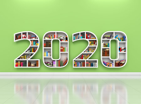 New Year 2020 Creative Design Concept with Book Shelf- 3D Rendered Image