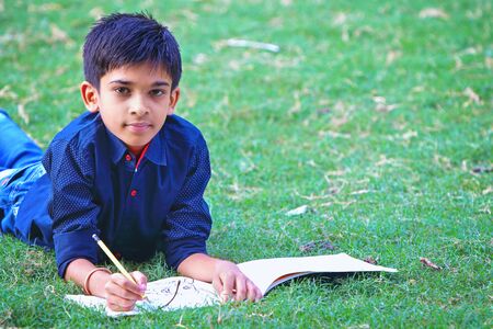 Portrait of Indian little boy is drawing, lying down on green grassの写真素材