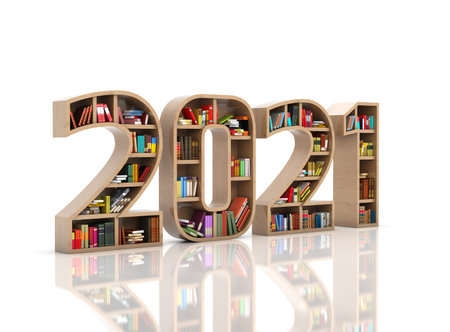 New Year 2021 Creative Design Concept with Book Shelf- 3D Rendered Image