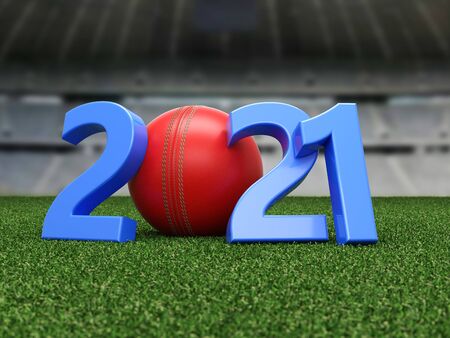 New Year 2021 Creative Design Concept with cricket ball - 3D Rendered Imageの写真素材