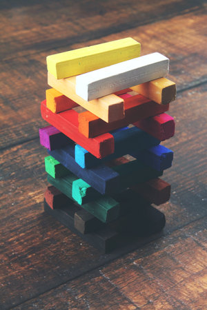 Artistic dry pastels on wooden tableの写真素材