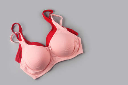 Woman's Bra Isolated on Gray Backgroundの写真素材