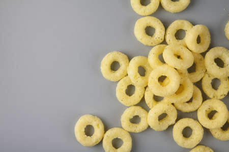 Pile of Cheese crispy Corn ring snackの写真素材