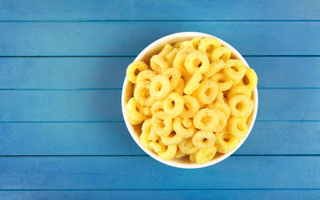 Pile of Cheese crispy Corn ring snackの写真素材