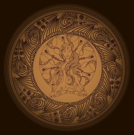woman practices yoga in the graphic ornamentのイラスト素材