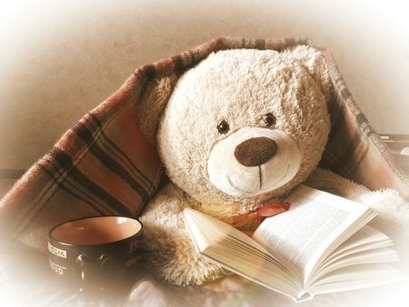 teddy bear reading a book. home furnishingsの写真素材