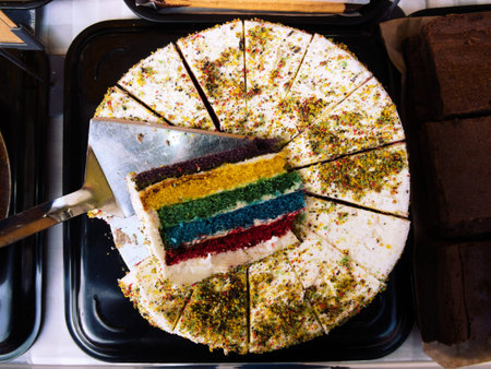 A rainbow cake topped with cream on display at a market