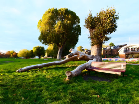 Fallen tree lying beside a park bench on Midsummer's Common in Cambridge, United Kingdomの写真素材