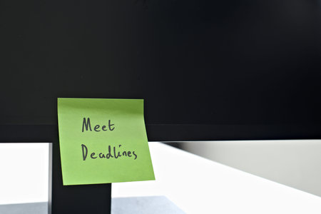 "Meet Deadlines" sticky note left on a monitor. The bright note stands out against the monitor, symbolising motivation, productivity, and a focused mindset.の写真素材
