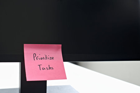 Prioritize Tasks sticky note left on a monitor. The bright note stands out against the monitor,...