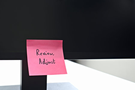 Review, Adjust sticky note left on a monitor. The bright note stands out against the monitor,...