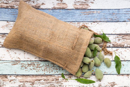 Unripe almonds in bag on vintage table from top viewの写真素材