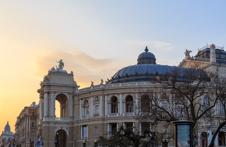 At Odessa city, Odessa, Ukraine - March 17, 2017 :Odessa Opera and Ballet Theater in the heart of Odessa, Ukraine during sunsetのeditorial素材