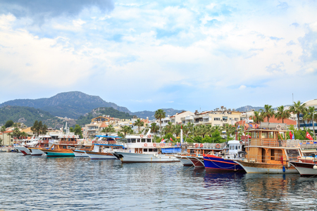 Marmaris center with seaport along boats in Marmaris, Turkeyの写真素材