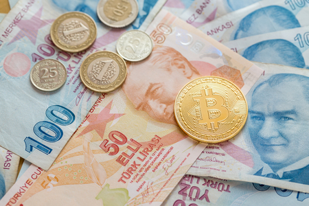 Bitcoin with turkish liras in paper and coin formsの写真素材
