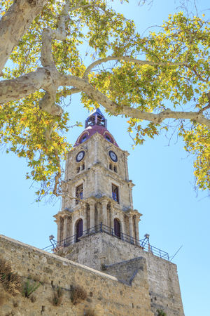 Medieval clock tower roloi in old town Rhodes, Dodecanese, Greeceの写真素材