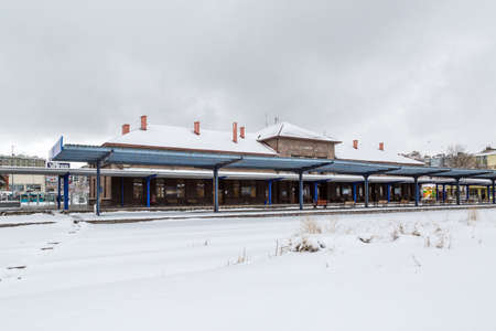 Historical Erzurum train station platform in Erzurum, Turkey during winterの写真素材