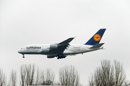 ISTANBUL - MARCH 19  Airbus A380 taxiing on runway at Istanbul Ataturk Airport on March 19, 2011 in Istanbul, Turkey  Lufthansa s Airbus A380 has landed to Istanbul for an advertising flight  のeditorial素材