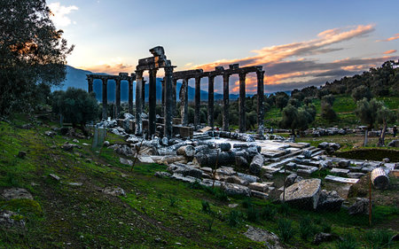 Zeus Lepsynos Temple, northern and southern necropolises, agora, theater, baths, walls and chapels are the main ruins. The Zeus Lepsynos Temple is one of the best preserved temples in Anatolia.の写真素材