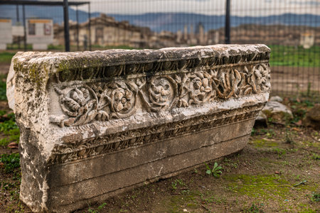 Reflection and ancient columns in the ancient cityの写真素材