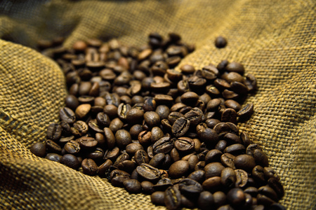 Coffee beans on the background of old sackingの写真素材