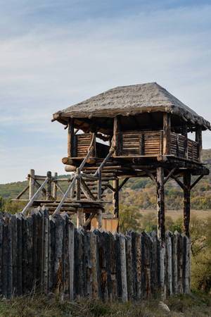 The fortress tower of the medieval tower in the village-museum of the Vikingsの写真素材
