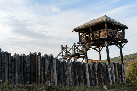 The fortress tower of the medieval tower in the village-museum of the Vikingsの写真素材