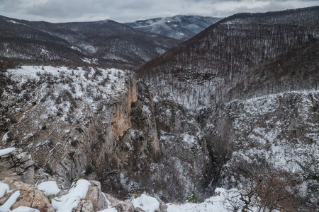 View of the snow-covered winter canyonの写真素材