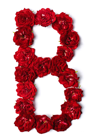 Letter of the English alphabet from red buds of roses on white backgroundの写真素材