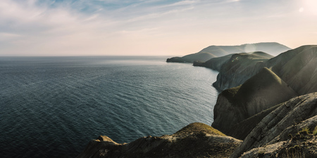 Spring panoramic view of the mountainous hilly coast on the Black Seaの写真素材