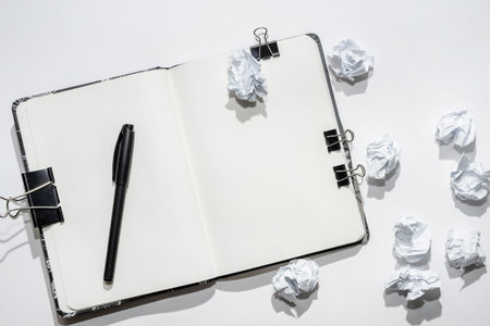 Opened notepad on a white background with crumpled papers scattered on the table, concept search,...