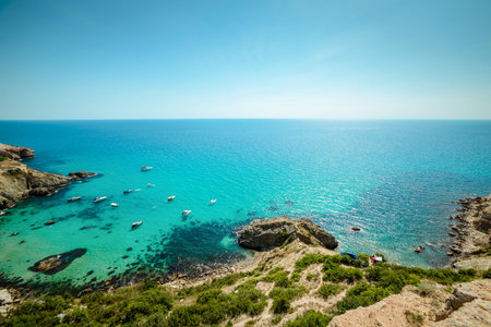 Yachts in the bay of the sea blue clean tropical coast, summer sunny day, view from above