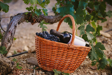 Basket of grapes and a bottle of wine under a grape bush