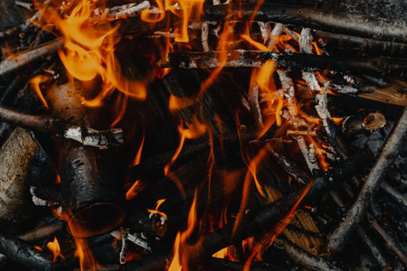Flame of a fire, firewood burning in a fire, close-up, abstract background